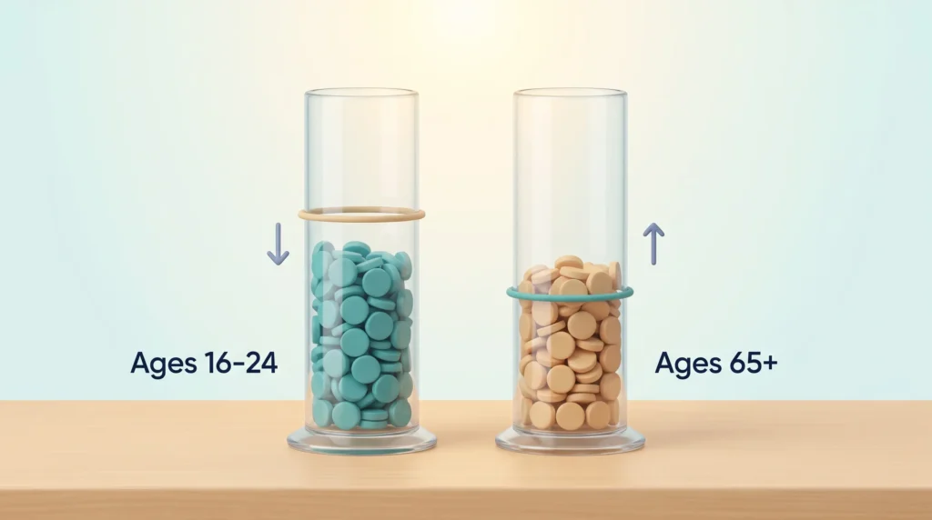 Demographic shifts at work shown as two glass cylinders: the ages 16-24 share falls below its earlier level while the ages 65+ share rises.