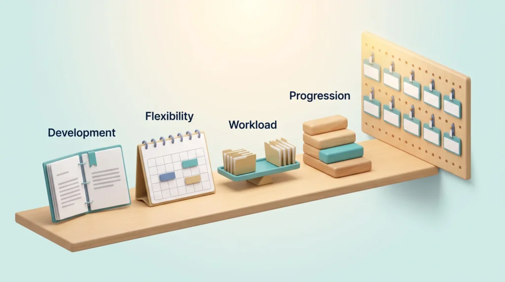 Labor shortages retention toolkit on a shelf: development, flexibility, workload and progression lead to a fully staffed team board.