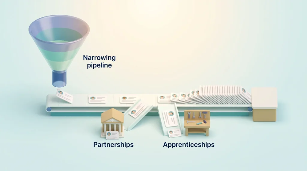 A narrowing pipeline funnel releases few candidate cards, while partnerships and apprenticeships feed more cards onto the line to the employer.