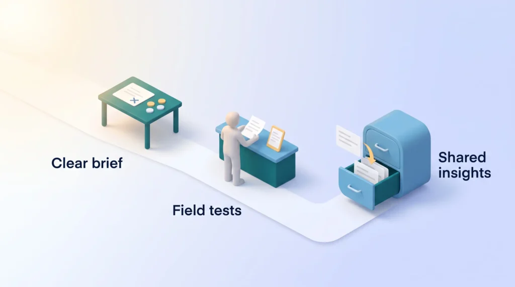 Brief Field Tests and Shared Insights Workflow Team workflow from a clear brief to field tests with a paper prototype at a counter, ending in shared insights filed in a central cabinet.
