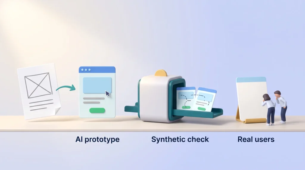Design Thinking Synthetic and Real User Testing Design thinking prototype testing: a paper sketch becomes an AI prototype, a synthetic check catches broken flows, then real users test it.