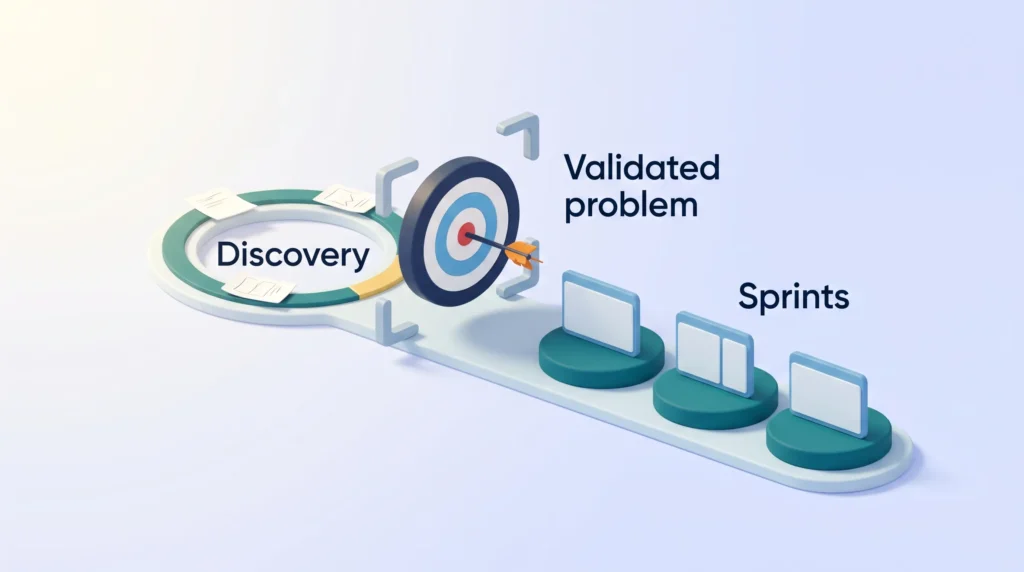 Discovery to Agile Sprints Handover A discovery loop leads to a validated problem target, which is handed over to agile sprints that deliver working increments.