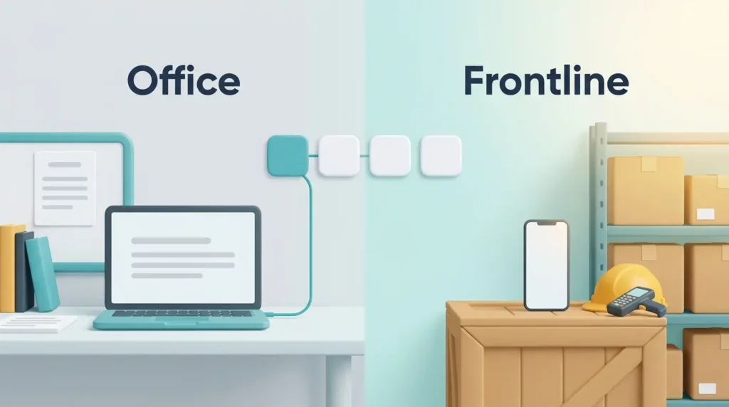 Office Versus Frontline Access Gap Office laptop linked to company apps next to an unconnected phone in a warehouse, the access gap deskless workforce technology closes
