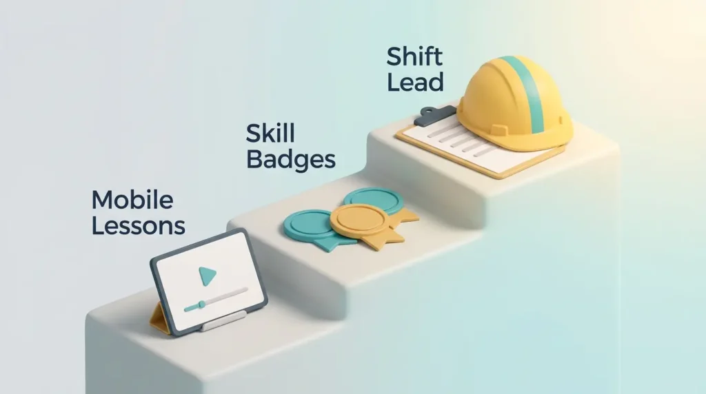 Frontline Career Path to Shift Lead Rising steps from mobile lessons to skill badges to a shift lead hard hat, a career path for frontline employees