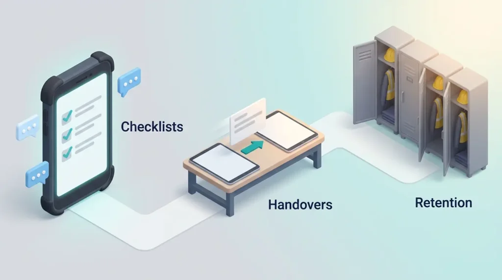 Checklists, Handovers and Retention Path Rugged phone with a checklist, a tablet handover and fully used staff lockers, showing how frontline technology supports engagement and retention