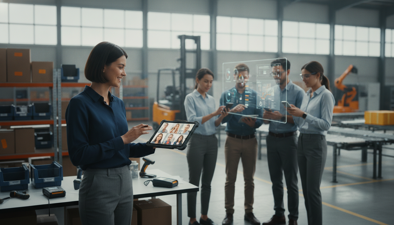 Warehouse team reviewing tablets and a live operations dashboard beside shelving, a forklift and a robotic arm