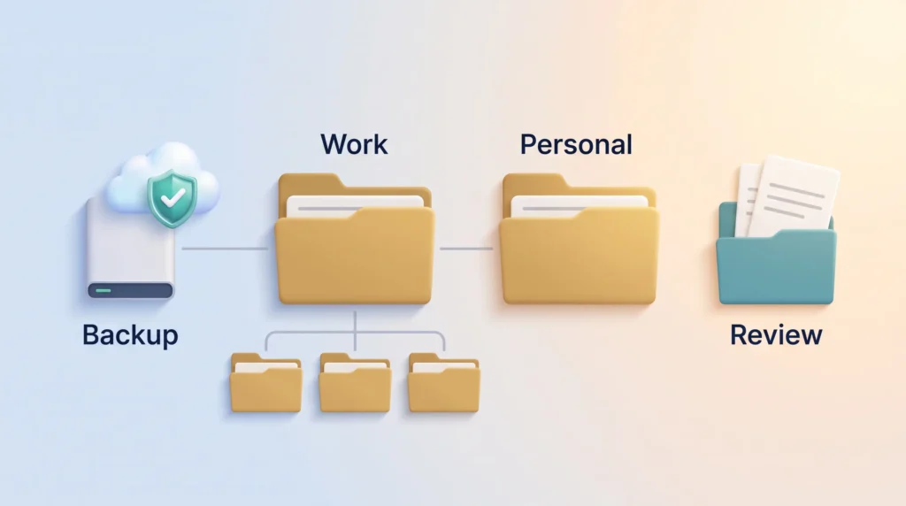 Organize Digital Files Folder Structure Organize digital files with a backup first, a Work folder with three subfolders, a Personal folder and a separate Review folder.