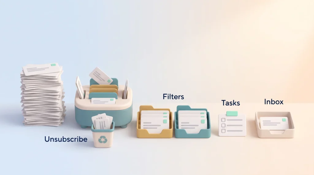 Inbox Cleanup Sorting Workflow Inbox cleanup as a sorting station: newsletters go to unsubscribe, filters route mail into folders, actions become tasks, a small inbox remains.