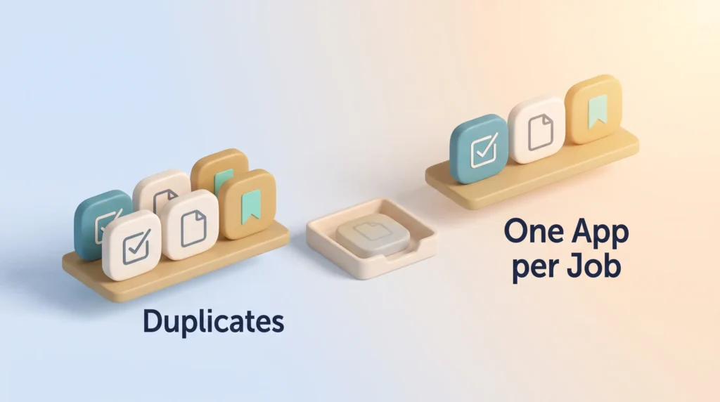 One App per Job Digital Organization Digital organization with one app per job: a shelf of duplicate tools next to one task, notes and bookmark app, with an old app set aside.