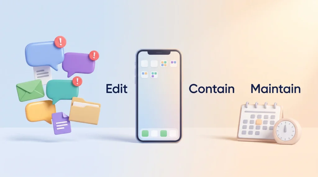 Digital Declutter Phone Cleanup Stages Digital declutter for your phone in three stages: edit notification clutter, contain apps in folders, maintain with a monthly sweep.