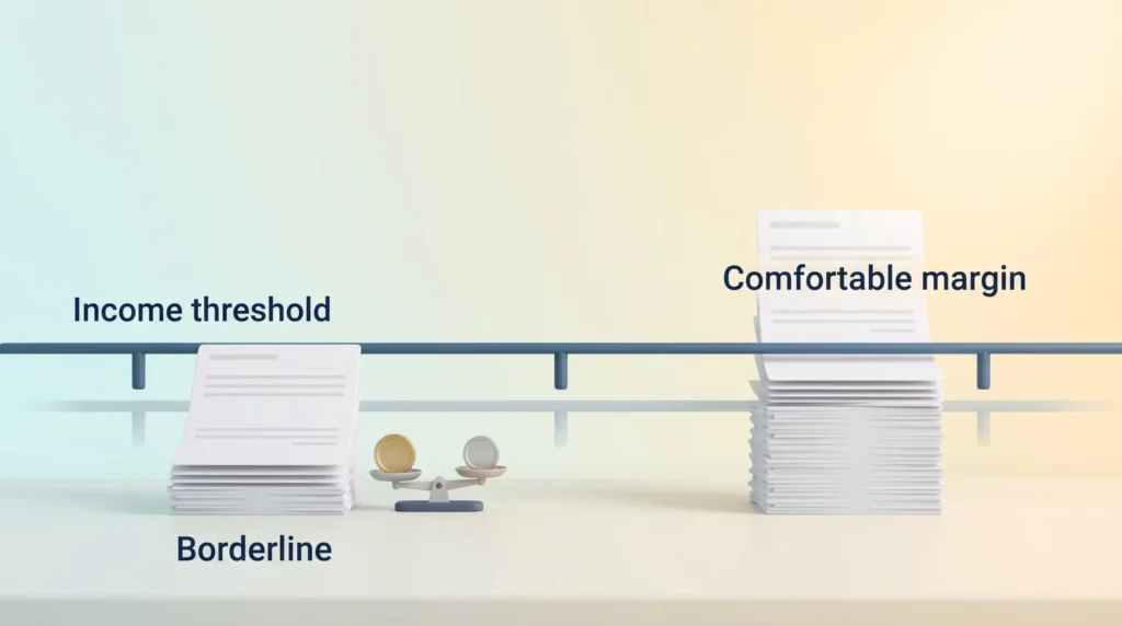 Nomad Visa Income Threshold Nomad visa income requirements shown as a threshold rail, with a borderline stack of bank statements and one with a comfortable margin.
