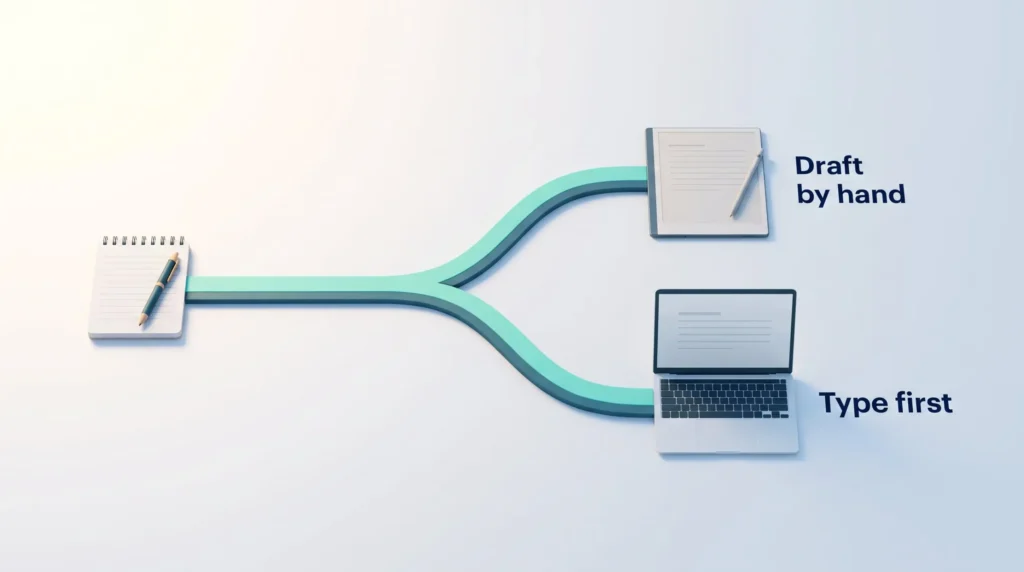 Handwriting or Typing Note Workflow Digital note-taking choice: one notepad as the capture spot, with a path splitting to an e-ink tablet to draft by hand or a laptop to type first.
