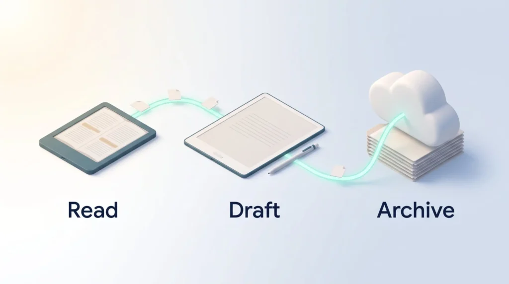 Read Draft Archive Note Setup Device setup for notes: read and highlight on an e-reader, draft on an e-ink notebook with a stylus, then archive final files in the cloud.