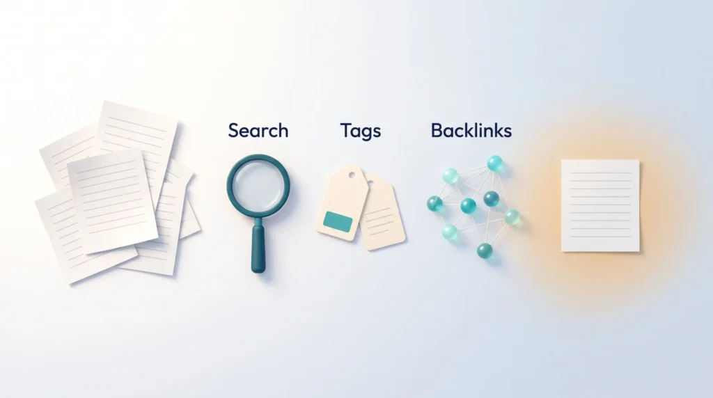 Search Tags and Backlinks for Recall Scattered notes turn into one found page through search, a few consistent tags and backlinks that connect related notes for faster recall.