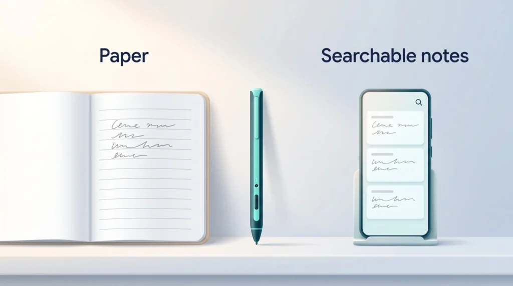 Smart Pen from Paper to App A smart pen between a paper notebook and a smartphone, turning handwritten pages into searchable notes in a notes app.