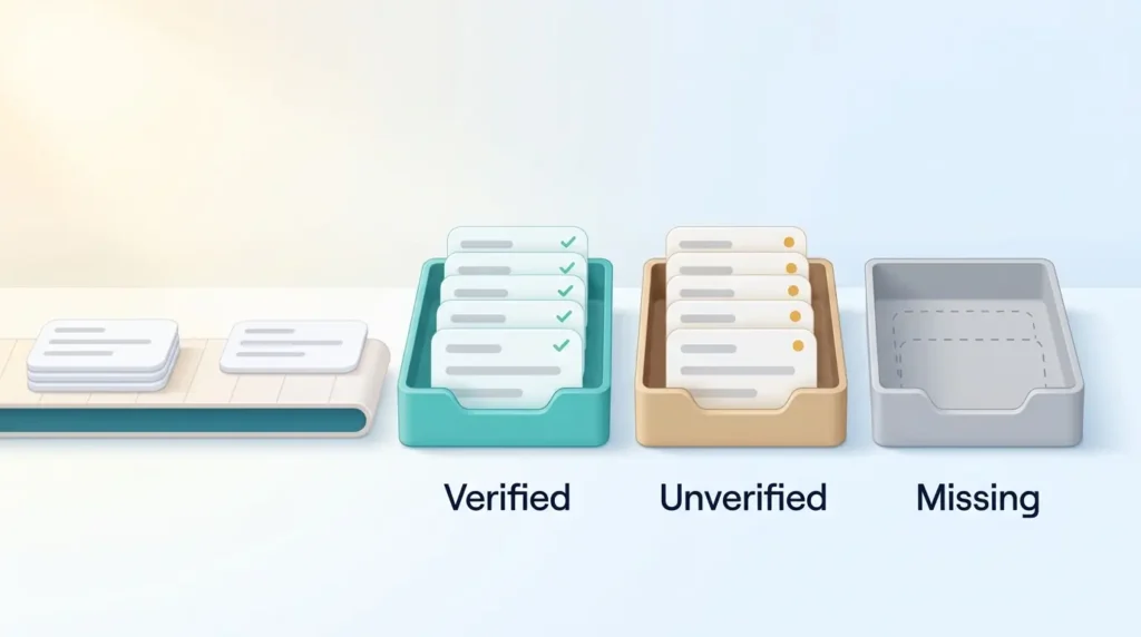 Passport Readiness Audit Sorting Station Readiness audit sorting product data cards into verified, unverified and missing trays to reveal gaps before passport registration.