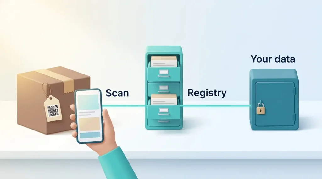 Digital Product Passport Registry Lookup Digital product passport lookup: a phone scans the QR tag on a box, and the registry index points on to the manufacturer's own locked data store.