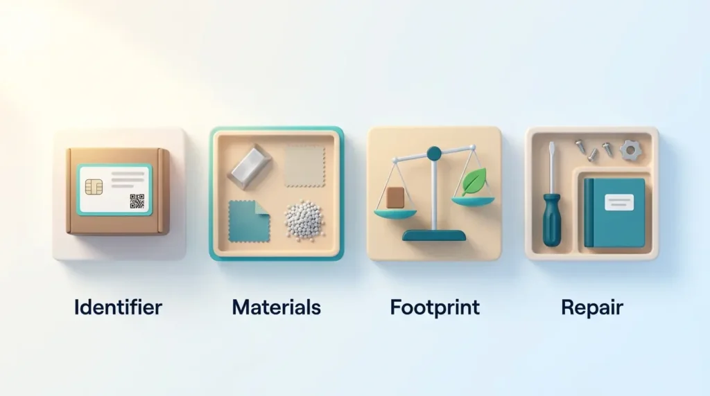 EU product passport requirements as four building blocks: a chip identifier, material samples, a carbon footprint scale and repair tools.