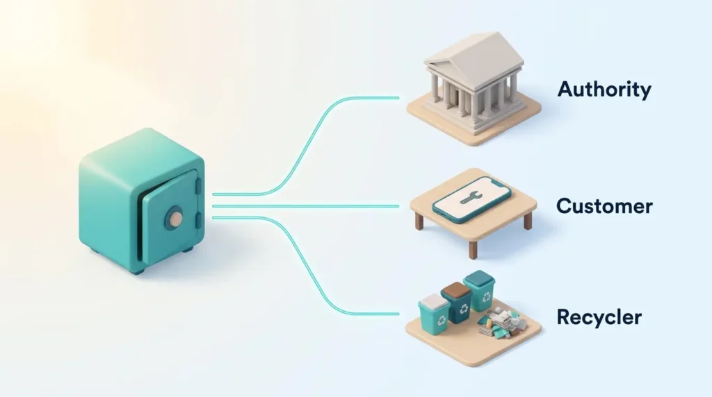 Role Based Access to Passport Data A data vault sends separate passport views to an authority, a customer and a recycler, showing role based access to product data.