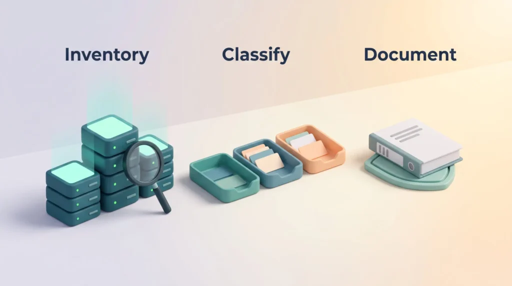 Data servers inventoried with a magnifying glass, AI systems classified into trays and documented in a binder resting on a shield