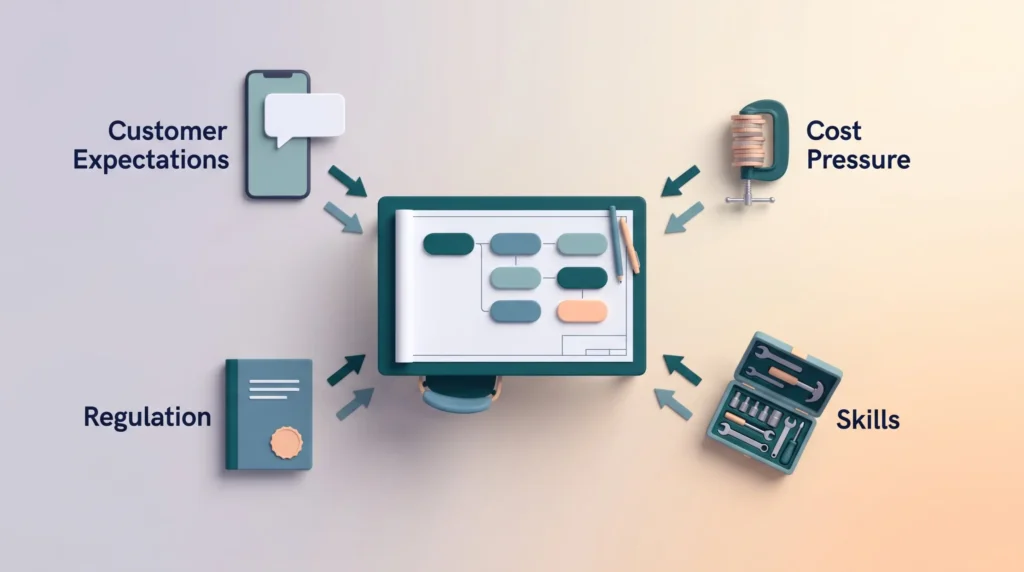 Customer expectations, cost pressure, skills and regulation shown as four forces feeding one central digital strategy blueprint