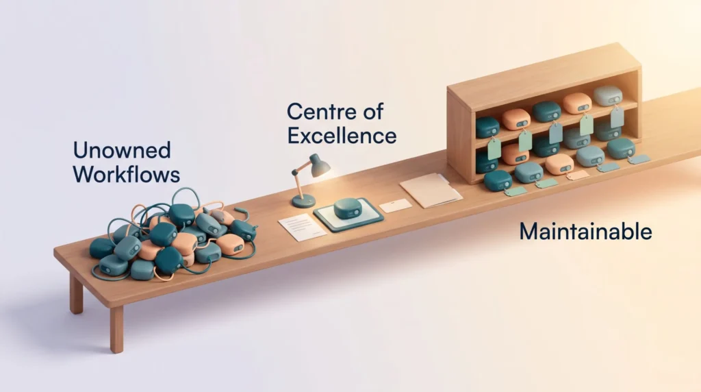 Tangled unowned automations pass a centre of excellence review and end up as tagged, maintainable workflows on a shelf