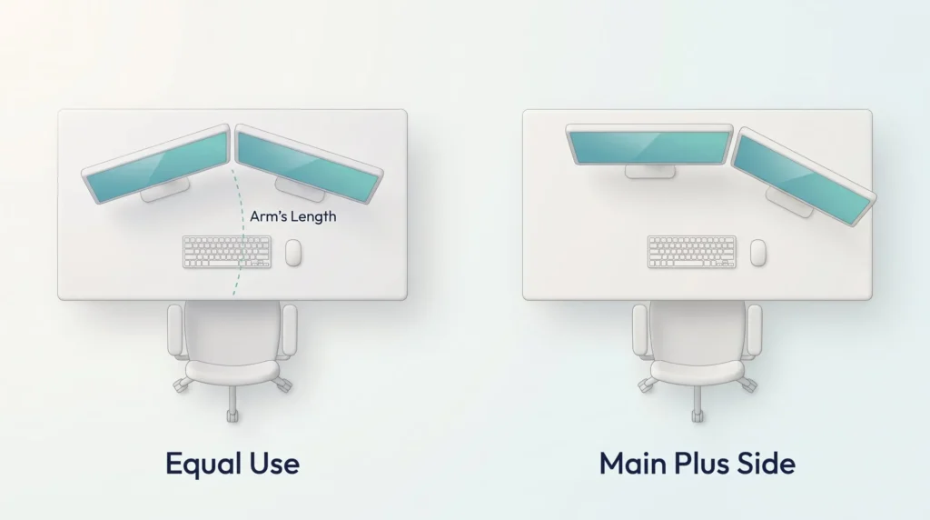 Dual Monitor Desk Layouts Monitor ergonomics in plan view: two screens angled like an open book for equal use, or a main screen plus a side screen, at arm's length.