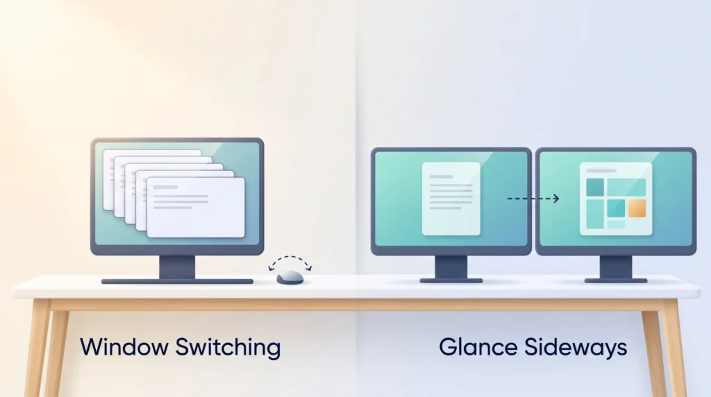 Window Switching Versus Glancing Sideways Dual monitor setup for productivity: one screen with stacked windows means window switching, two screens let you glance sideways.