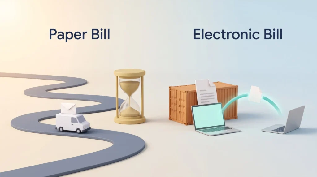 Paper vs Electronic Bill of Lading Paper bill on a long winding courier route next to an electronic bill of lading moving instantly from one laptop to another