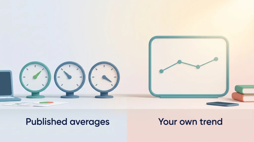 eNPS Benchmarks Versus Your Own Trend Three gauges showing published eNPS benchmarks at different values next to a board tracking your own trend.