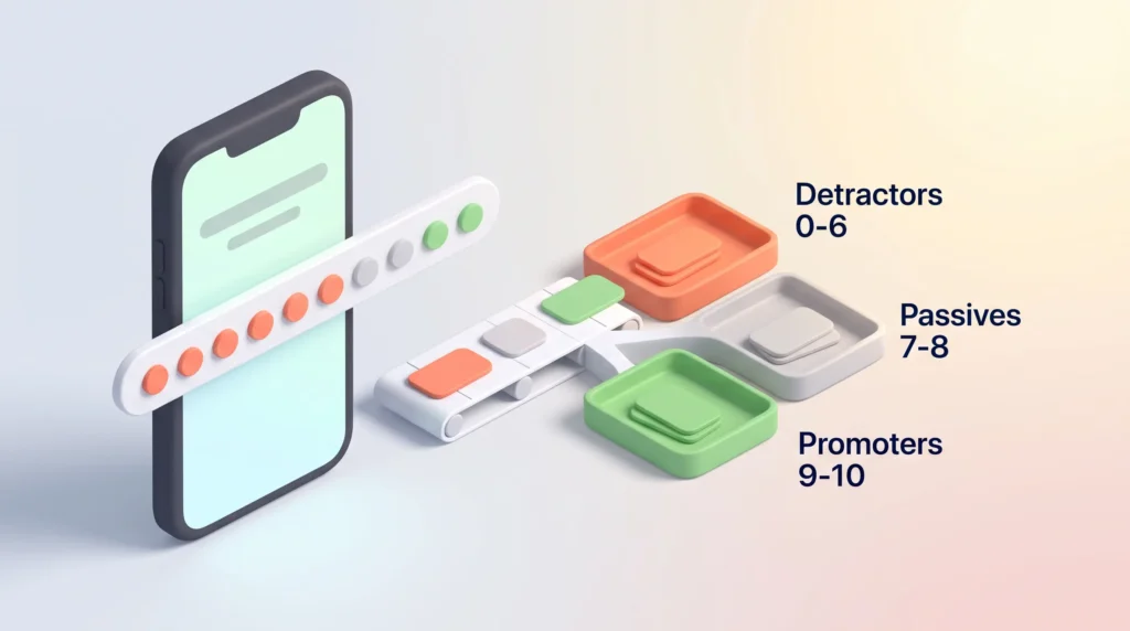 Employee NPS Promoters Passives Detractors Employee NPS scale on a smartphone sorting answers into trays for detractors 0-6, passives 7-8 and promoters 9-10.