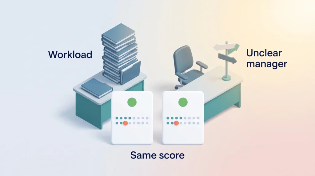 Same eNPS Score Different Reasons Two identical eNPS survey rating cards in front of different causes: a stack of folders for workload and an unclear manager.