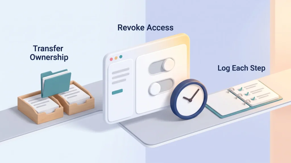 Access revocation sequence: file ownership moves to a colleague, access switches go off at the departure hour, each step is logged.