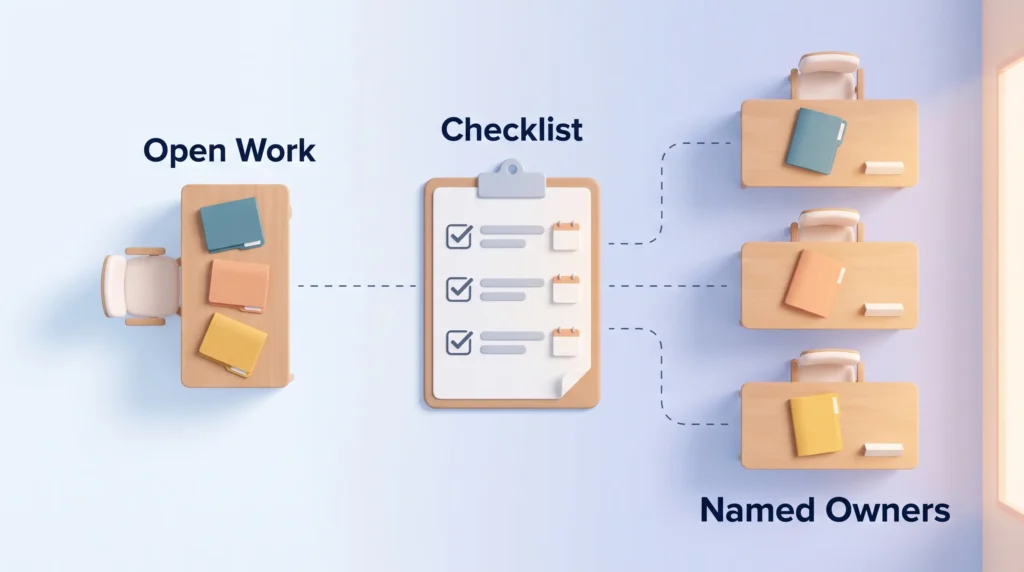 Employee offboarding plan: open work from the departing desk routed through a dated checklist to three desks with named owners.