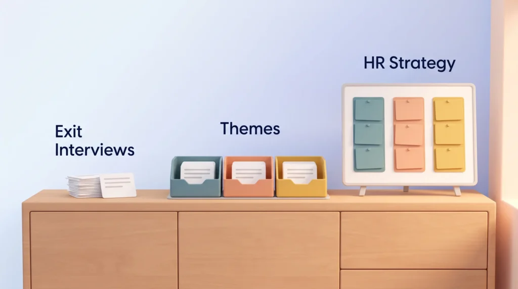 Exit interview notes sorted into three theme trays and pinned as matching columns on an HR strategy board.