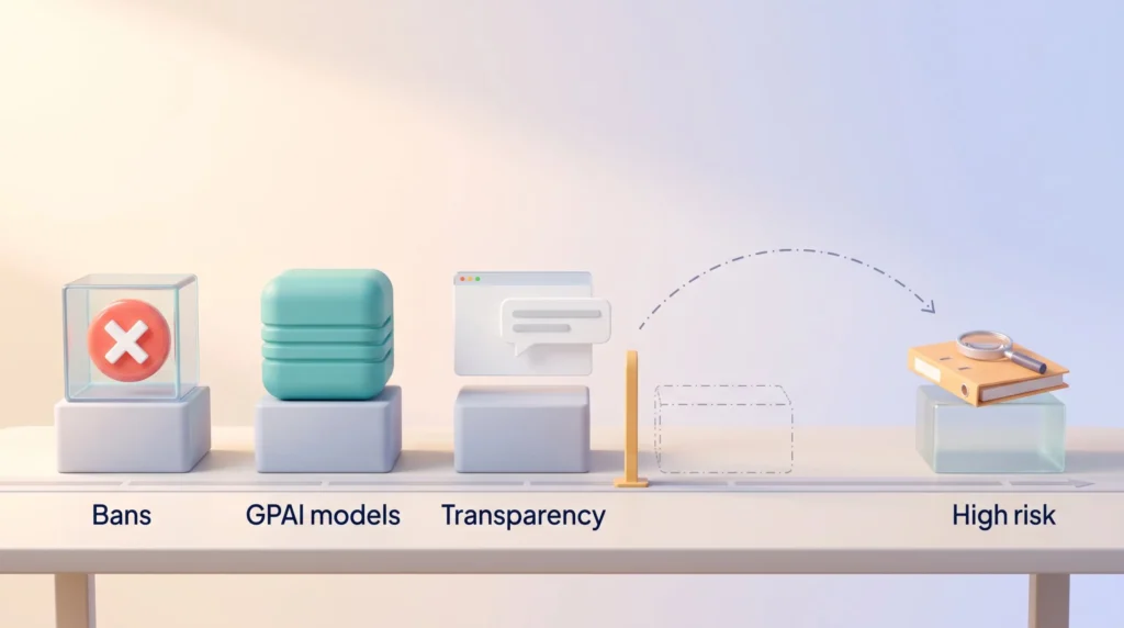 Timeline for EU AI Act compliance for SaaS: bans, GPAI model rules and transparency already apply, while high-risk duties moved to a later date.