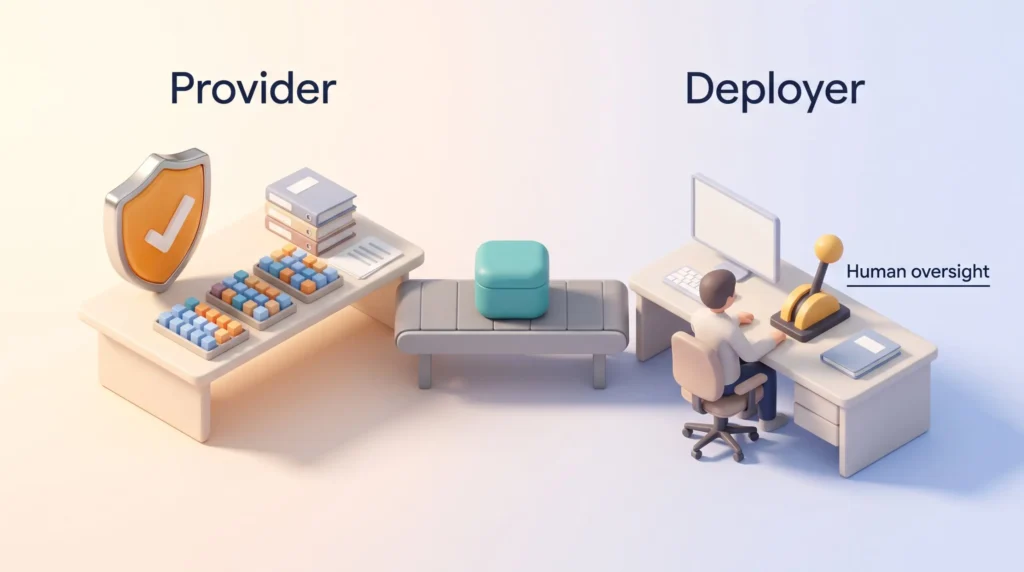 A provider workbench with a shield, data trays and binders hands an AI system to a deployer desk, where a lever stands for human oversight.
