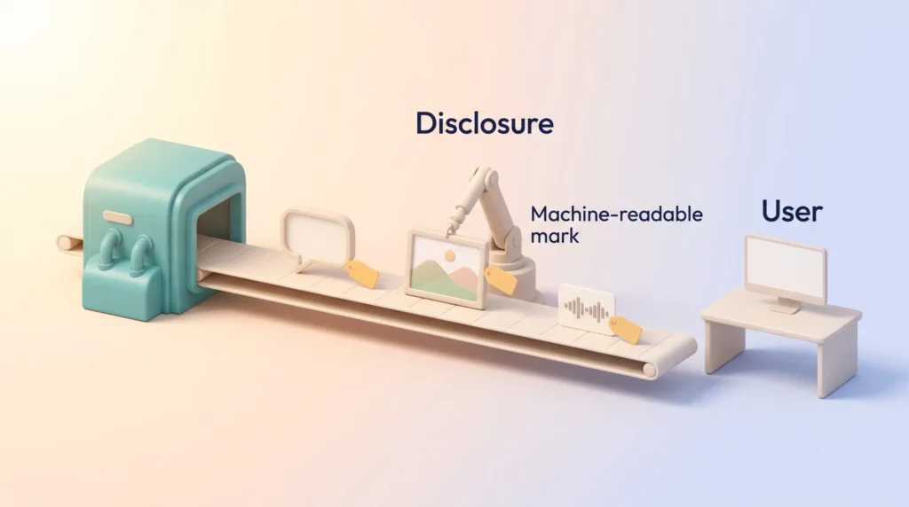 Generated text, images and audio receive disclosure tags and a machine-readable mark before reaching the user, per AI Act transparency obligations.