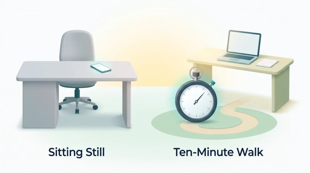 Ten-Minute Walk Before Focused Work Exercise and productivity compared: a desk for sitting still next to a ten-minute walking path with a stopwatch, leading to a focused workspace.