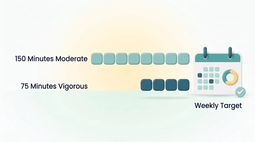 Weekly Exercise Target Two Ways How much exercise per week: 150 minutes moderate or 75 minutes vigorous activity, two tile rows reaching the same weekly target calendar.