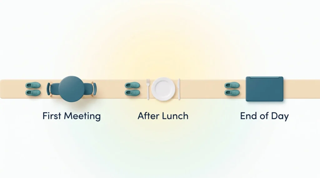 Anchoring Movement to the Workday Physical activity at work tied to fixed points in the day: walking shoes placed before the first meeting, after lunch and at the end of day.