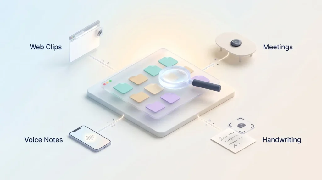 Fabric Capture Sources and Library Fabric second brain library with a magnifying glass, fed by web clips, voice notes, meetings and handwriting from four capture sources.