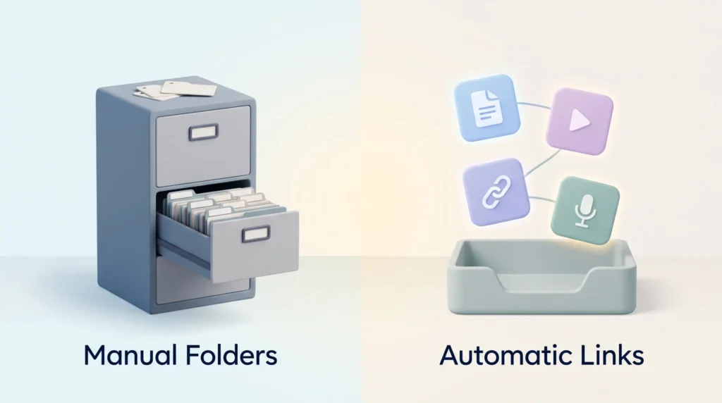 Manual Folders vs Automatic Links Fabric AI review illustration comparing a filing cabinet of manual folders with an open tray of content cards linked automatically.