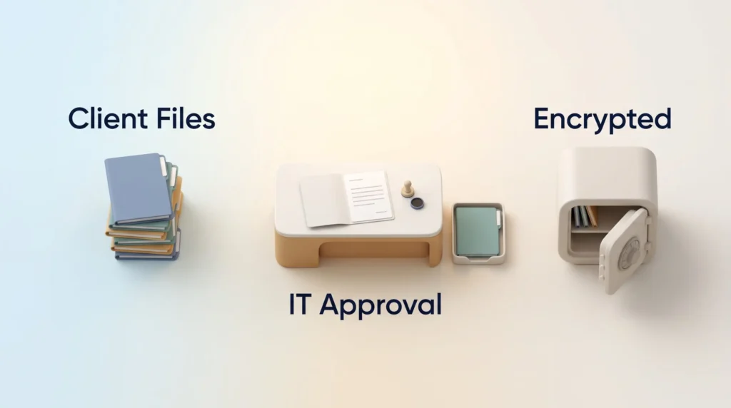 Fabric Security and Privacy Checks Client files pass an IT approval desk before encrypted storage in a vault, with one sensitive folder held back in a tray.