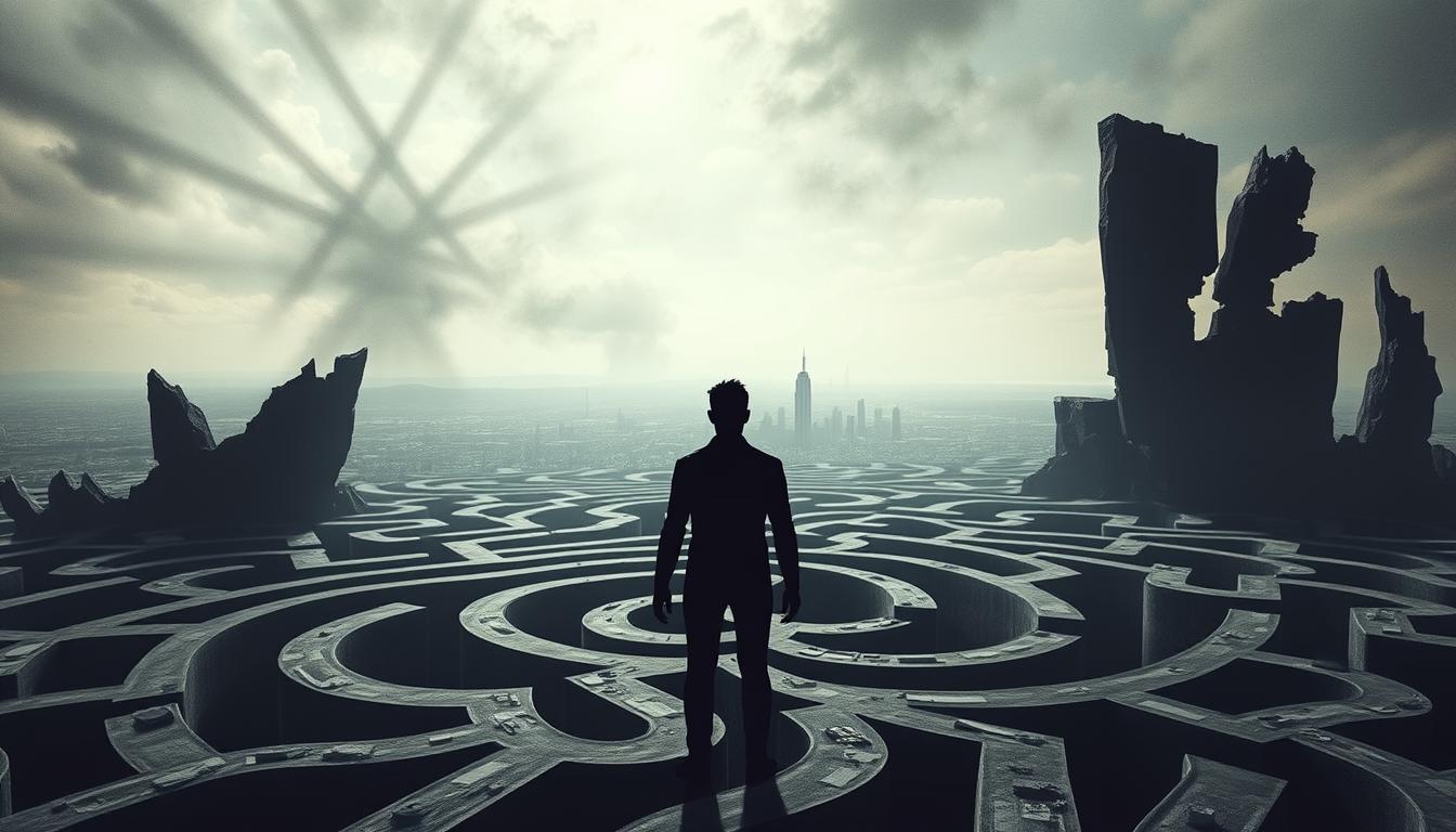 fallacy Silhouette of a man standing in a vast concrete maze with a distant city skyline on the horizon