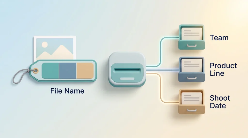 A file name tag split into team, product line and shoot date as a digital asset management system maps it into metadata fields