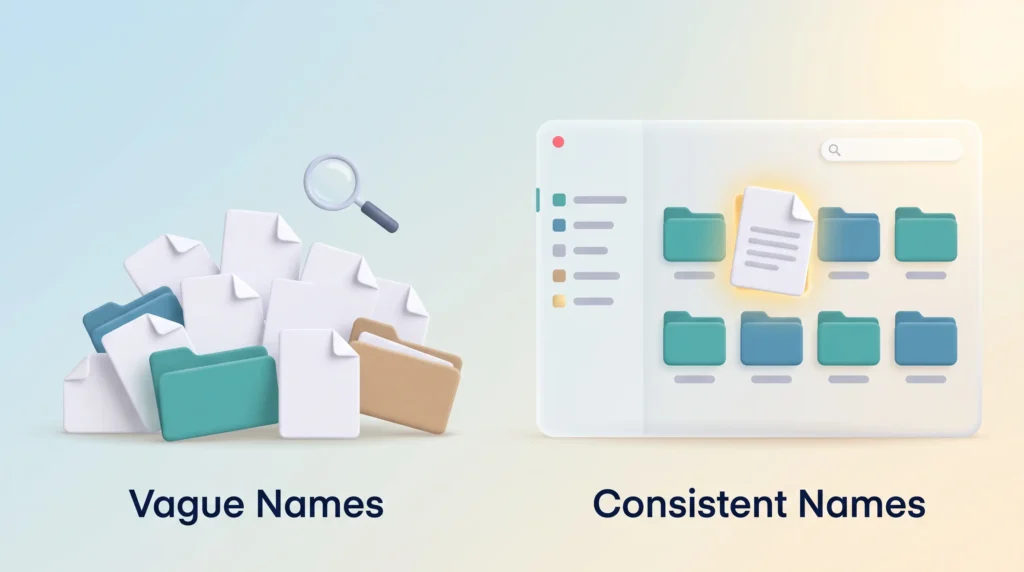 File naming convention compared: a messy heap of vague files versus a tidy folder grid where consistent names make the right file easy to find