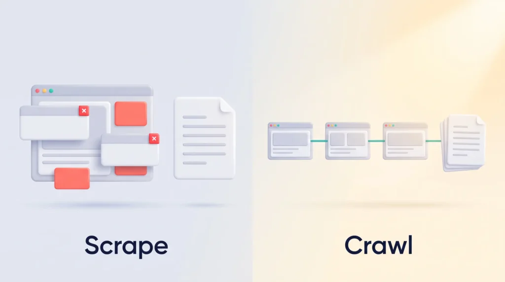 Firecrawl review illustration comparing scrape, which turns one cluttered web page into a clean document, with crawl, which collects linked pages.