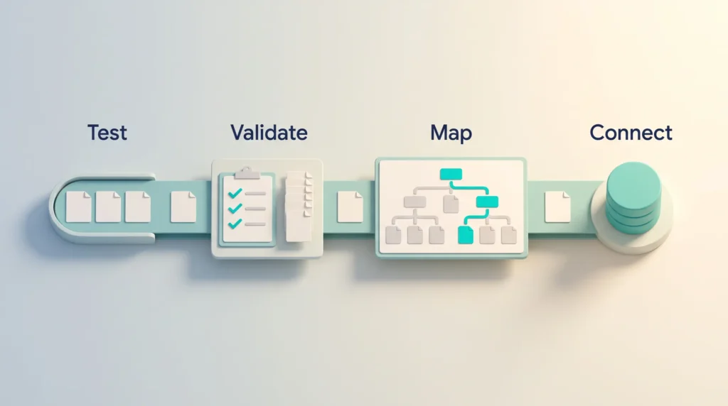 Firecrawl workflow in four steps: test target pages, validate one job, map the site to pick sections, then connect results to a database.