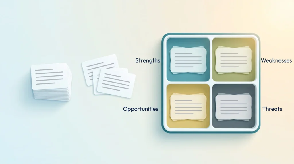 First 90 Days Notes SWOT Summary Note cards from stakeholder conversations sorted into a tray with four compartments for strengths, weaknesses, opportunities and threats.